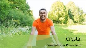  Presentation with young healthy people - Slides enhanced with fitness sport people and healthy lifestyle concept - happy young man riding bicycle outdoors background and a yellow colored foreground