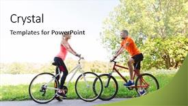  Presentation with healthy people - Slide set enhanced with fitness sport people and healthy lifestyle concept - happy couple riding bicycle outdoors at summer background and a sky blue colored foreground