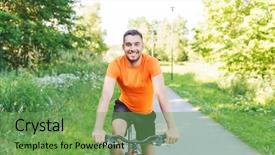  Presentation with young healthy people - Colorful presentation theme enhanced with fitness sport people and healthy lifestyle concept - happy young man riding bicycle outdoors backdrop and a seafoam green colored foreground