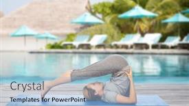  Presentation with healthy people - Colorful presentation enhanced with fitness sport people and healthy lifestyle concept - woman making yoga in plow pose on mat over beach and swimming pool background backdrop and a light blue colored foreground