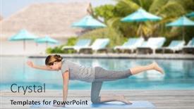  Presentation with healthy people - PPT theme featuring fitness sport people and healthy lifestyle concept - woman making yoga in balancing table pose on mat over beach and swimming pool background background and a light blue colored foreground