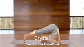  Presentation with healthy people - Theme featuring fitness sport people and healthy lifestyle concept - woman making yoga in plow pose on mat over wooden gym background background and a coral colored foreground