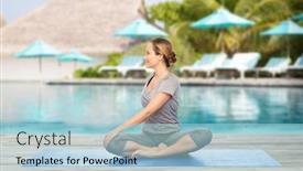  Presentation with healthy people - PPT theme consisting of fitness sport people and healthy lifestyle concept - woman making yoga in twist pose on mat over beach and swimming pool background background and a light blue colored foreground