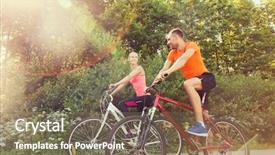  Presentation with healthy people - Audience pleasing slide deck consisting of fitness sport people and healthy lifestyle concept - happy couple riding bicycle outdoors at summer backdrop and a violet colored foreground