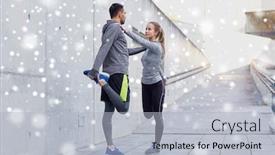  Presentation with healthy people - Cool new theme with fitness sport people and healthy lifestyle concept - smiling couple of sportsmen stretching leg outdoors over snow backdrop and a light blue colored foreground