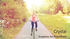  Presentation with young healthy people - Amazing PPT theme having fitness sport people and healthy lifestyle concept - happy young woman riding bicycle outdoors backdrop and a yellow colored foreground