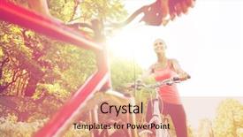  Presentation with healthy people - Presentation theme having fitness sport people and healthy lifestyle concept - close up of happy couple riding bicycle outdoors at summer background and a coral colored foreground