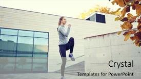  Presentation with healthy people - PPT theme featuring fitness sport people and healthy lifestyle concept - happy woman exercising on bench outdoors background and a light gray colored foreground