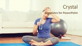 Presentation with healthy people - Slides enhanced with fitness sport people and healthy lifestyle concept - tired woman with bottle of water after exercising on mat at home background and a cream colored foreground