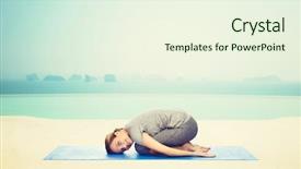  Presentation with infinity - Slide set with fitness sport people and healthy lifestyle concept - happy woman making yoga in child pose on mat over infinity edge pool at hotel resort background background and a cream colored foreground