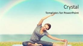  Presentation with sea rainbow - Cool new presentation design with fitness sport people and healthy lifestyle concept - happy woman making yoga and stretching on mat over blue sky rainbow and sea background backdrop and a mint green colored foreground