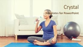  Presentation with healthy people - Presentation theme having fitness sport people and healthy lifestyle concept - happy woman with bottle of water after exercising on mat at home background and a cream colored foreground