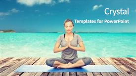  Presentation with sport blue - Amazing slides having fitness sport people and healthy lifestyle concept - woman making yoga meditation in lotus pose on mat over sea and blue sky at resort background backdrop and a teal colored foreground