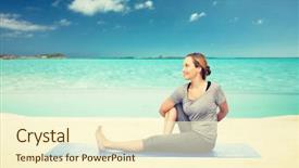  Presentation with healthy people - Slide set consisting of fitness sport people and healthy lifestyle concept - woman making yoga in twist pose on mat over sea and sky background background and a cream colored foreground