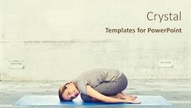  Presentation with healthy people - Slide deck with fitness sport people and healthy lifestyle concept - happy woman making yoga in child pose on mat over urban street background background and a cream colored foreground