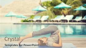  Presentation with healthy people - Presentation design enhanced with fitness sport people and healthy lifestyle concept - woman making yoga in plow pose on mat over beach and swimming pool background background and a soft green colored foreground