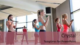  Presentation with group fitness - Colorful PPT theme enhanced with fitness sport people and lifestyle concept - group of women exercising with dumbbells in gym backdrop and a coral colored foreground
