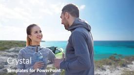  Presentation with lifestyle - Audience pleasing slides consisting of fitness sport people and lifestyle concept - smiling couple with bottles of water outdoors backdrop and a ocean colored foreground