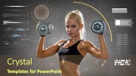 Presentation with steel - PPT theme consisting of fitness sport people and training concept - happy young sporty woman exercising with heavy steel dumbbells over gray concrete background background and a tawny brown colored foreground