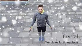  Presentation with healthy people - PPT layouts featuring fitness sport people exercising and healthy lifestyle concept - man skipping with jump rope outdoors over snow background and a light gray colored foreground