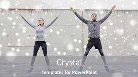  Presentation with healthy people - Cool new presentation theme with fitness sport people exercising and healthy lifestyle concept - happy man and woman jumping outdoors over snow backdrop and a gray colored foreground