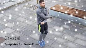  Presentation with healthy people - Audience pleasing presentation theme consisting of fitness sport people exercising and healthy lifestyle concept - man skipping with jump rope outdoors over snow backdrop and a light gray colored foreground