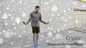  Presentation with healthy people - Slides consisting of fitness sport people exercising and healthy lifestyle concept - man skipping with jump rope outdoors over snow background and a light gray colored foreground