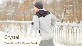  Presentation with young healthy people - PPT layouts having fitness sport people music and healthy lifestyle concept - young man in earphones running along snow covered winter bridge background and a cream colored foreground