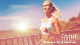  Presentation with young healthy people - PPT theme having fitness sport people music and healthy lifestyle concept - smiling young woman with earphones running outdoors background and a coral colored foreground
