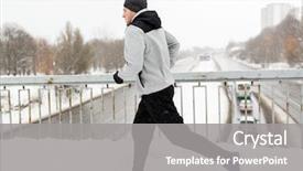  Presentation with young healthy people - Slides enhanced with fitness sport people season and healthy lifestyle concept - young man running along snow covered winter bridge road background and a gray colored foreground