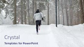  Presentation with young healthy people - Audience pleasing theme consisting of fitness sport people season and healthy lifestyle concept - young man running on snow covered winter road in forest backdrop and a sky blue colored foreground