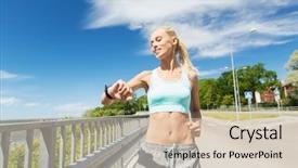  Presentation with heart rate - PPT layouts having fitness sport people technology and healthy lifestyle concept - smiling young woman with heart rate watch running outdoors background and a soft green colored foreground