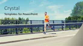  Presentation with heart rate - Colorful slide deck enhanced with fitness sport people technology and healthy lifestyle concept - smiling young man with heart rate watch running at summer seaside backdrop and a light blue colored foreground