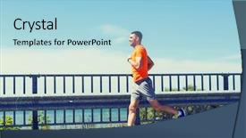  Presentation with young healthy people - Beautiful theme featuring fitness sport people technology and healthy lifestyle concept - smiling young man with heart rate watch running at summer seaside backdrop and a light blue colored foreground