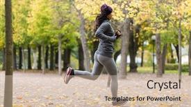  Presentation with young healthy people - Slides featuring fitness sport people wear and healthy lifestyle concept - close up of young woman running in autumn park background and a soft green colored foreground