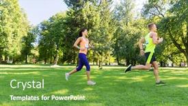  Presentation with marathon running race - Presentation design enhanced with fitness sport race and healthy lifestyle concept - happy couple of sportsmen running marathon with badge numbers at summer park background and a tawny brown colored foreground