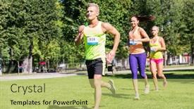  Presentation with marathon running race - Amazing presentation theme having fitness sport race and healthy lifestyle concept - group of happy people or sportsmen running marathon with badge numbers at summer park backdrop and a yellow colored foreground