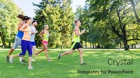  Presentation with marathon running race - Presentation theme with fitness sport race and healthy lifestyle concept - group of happy people or sportsmen running marathon with badge numbers at summer park background and a seafoam green colored foreground