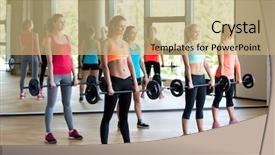  Presentation with group training - Slides having fitness sport training and lifestyle concept - group of women with barbells in gym background and a coral colored foreground