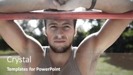  Presentation with heart rate - Audience pleasing presentation design consisting of fitness sport training and lifestyle concept - young man with heart-rate watch bracelet exercising on horizontal bar in summer park backdrop and a violet colored foreground