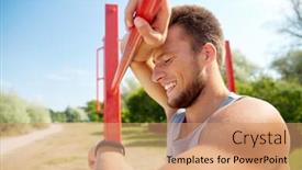  Presentation with heart rate - Slide set featuring fitness sport training and lifestyle concept - happy young man looking at heart-rate watch bracelet and exercising on horizontal bar outdoors background and a coral colored foreground