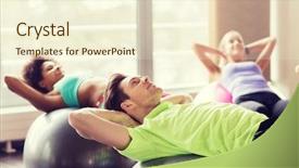  Presentation with abdominal - Theme featuring fitness sport training and lifestyle concept - group of people flexing abdominal muscles on fitball in gym background and a cream colored foreground
