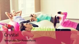  Presentation with abdominal - Audience pleasing theme consisting of fitness sport training and lifestyle concept - group of people flexing abdominal muscles on fitball in gym backdrop and a red colored foreground