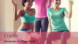  Presentation with group training - Amazing PPT layouts having fitness sport training and lifestyle concept - group of smiling women with exercise balls in gym backdrop and a coral colored foreground