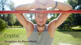  Presentation with heart rate - Slides having fitness sport training and lifestyle concept - young man with heart-rate watch bracelet exercising on horizontal bar in summer park background and a mint green colored foreground
