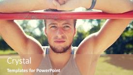  Presentation with heart rate - Amazing PPT theme having fitness sport training and lifestyle concept - young man with heart-rate watch bracelet exercising on horizontal bar in summer park backdrop and a coral colored foreground