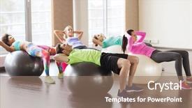  Presentation with abdominal - Slide deck featuring fitness sport training and lifestyle concept - group of people flexing abdominal muscles on fitball in gym background and a coral colored foreground
