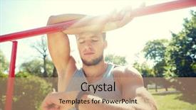  Presentation with heart rate - Cool new slide deck with fitness sport training and lifestyle concept - happy young man looking at heart-rate watch bracelet and exercising on horizontal bar in summer park backdrop and a coral colored foreground