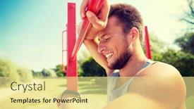  Presentation with heart rate - PPT layouts with fitness sport training and lifestyle concept - happy young man looking at heart-rate watch bracelet and exercising on horizontal bar outdoors background and a blonde colored foreground