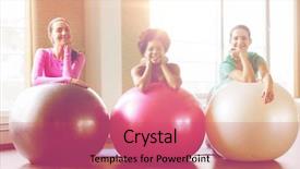 Presentation with group training - Slides enhanced with fitness sport training and lifestyle concept - group of smiling women with exercise balls in gym background and a red colored foreground